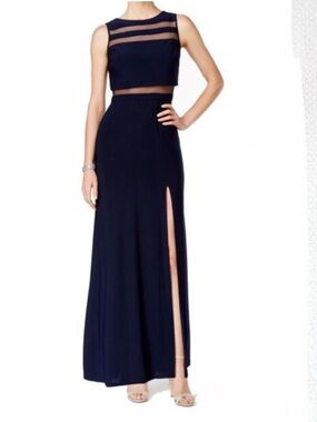 Navy Blue Elegant Sleeveless Mesh Inset Evening Gown - Navy
